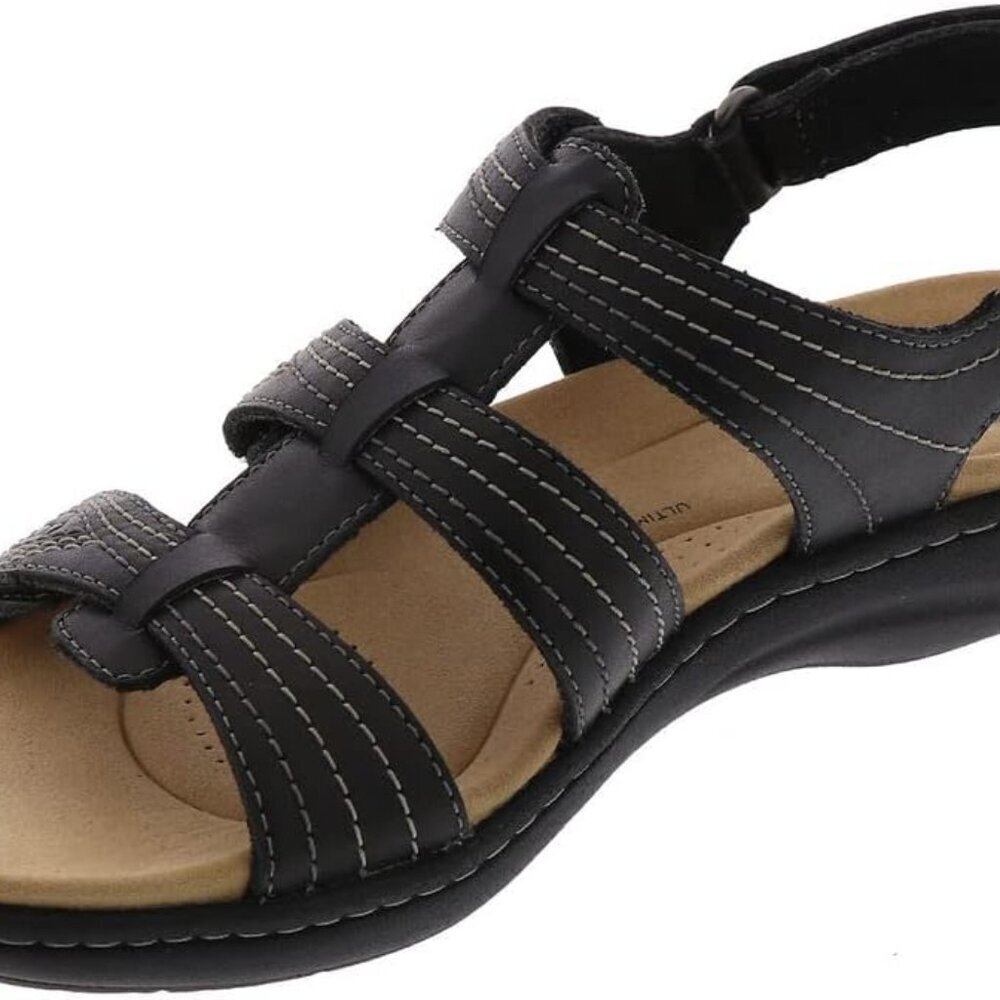 Women's Leather Flat Sandals Size 8.5 Black Comfort Slip-On Summer Shoes - Picture 4 of 7